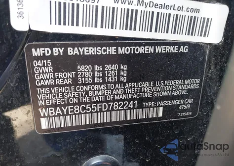 2015 BMW 750Li z USA, uszkodzony, nr VIN WBAYE8C55FD782241